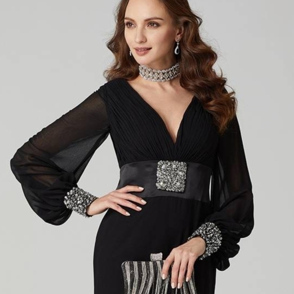 Elegant Long Sleeve Navy Dress with Embellished Details NWT